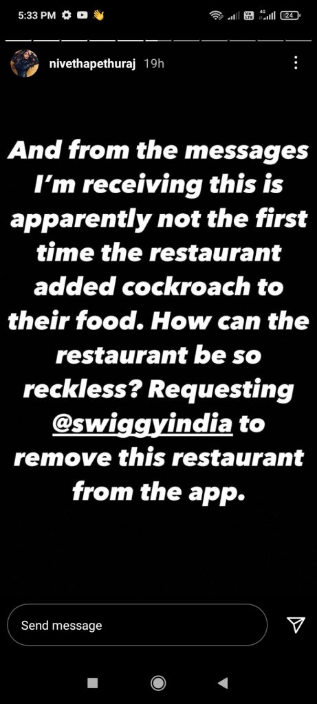 Nivetha Pethuraj Complains To Swiggy After Finding Cockroach In Her Meal (5)